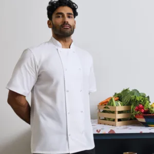 Studded front short sleeve chef's jacket